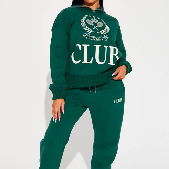 Fashion Nova Sweaters - Royal Club Green cream Hoodie with zip front ribbed collar set with sweatpants